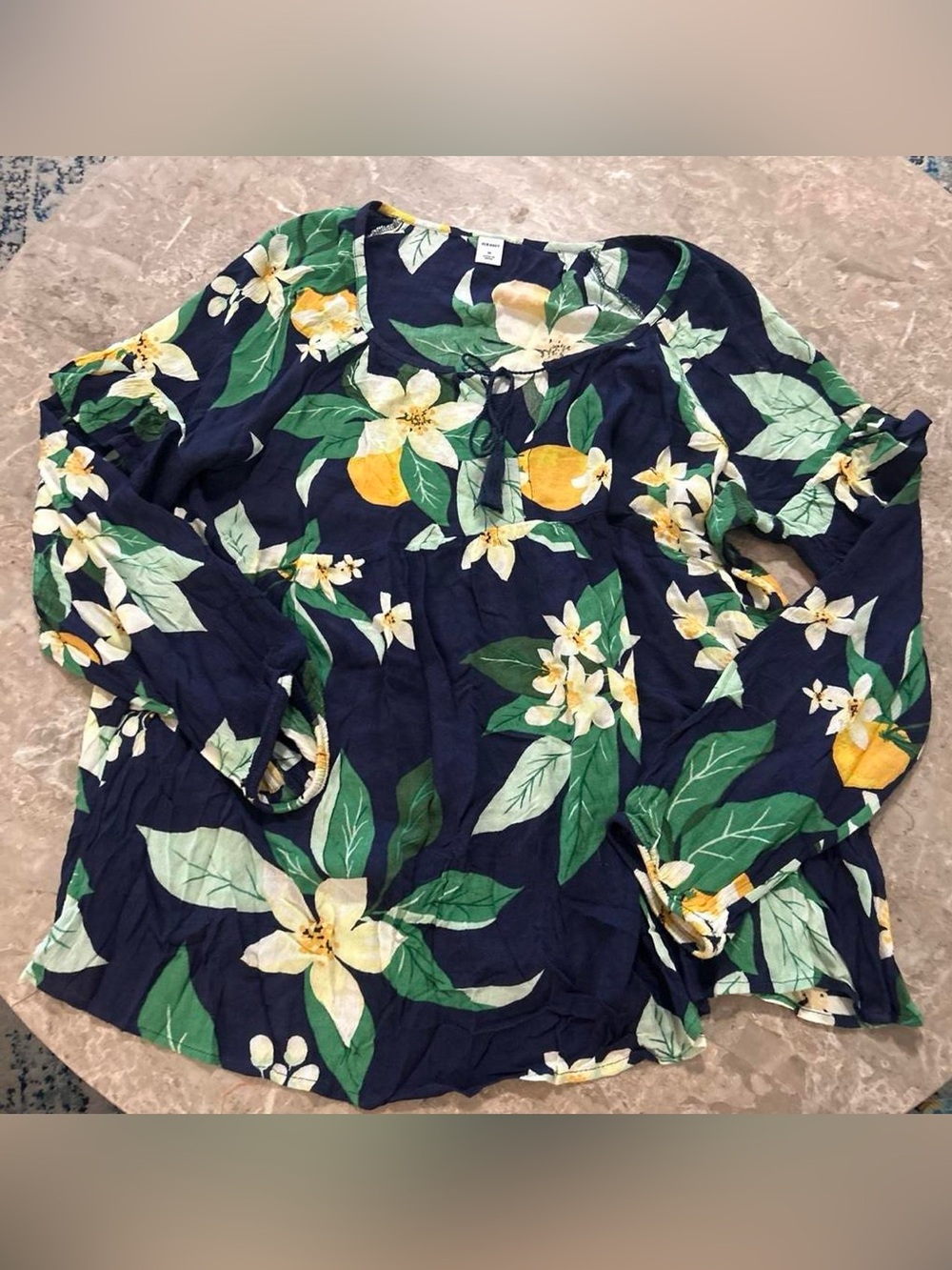Old Navy Navy Blue Floral Peasant Blouse with Green Leaves and Yellow Accents